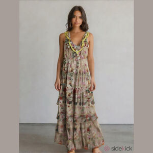 JAK Floral Tiered Ruffle Maxi Boho Sundress (Lg)